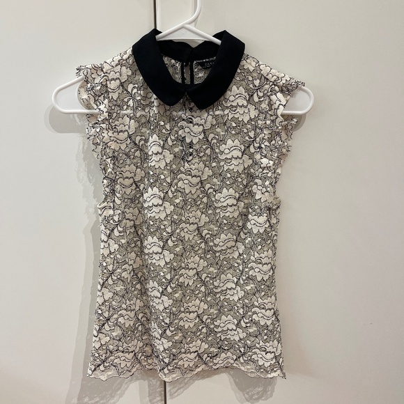 ZARA Ivory-white with black lace sleeveless top Peter pan collar size XS - Picture 1 of 4